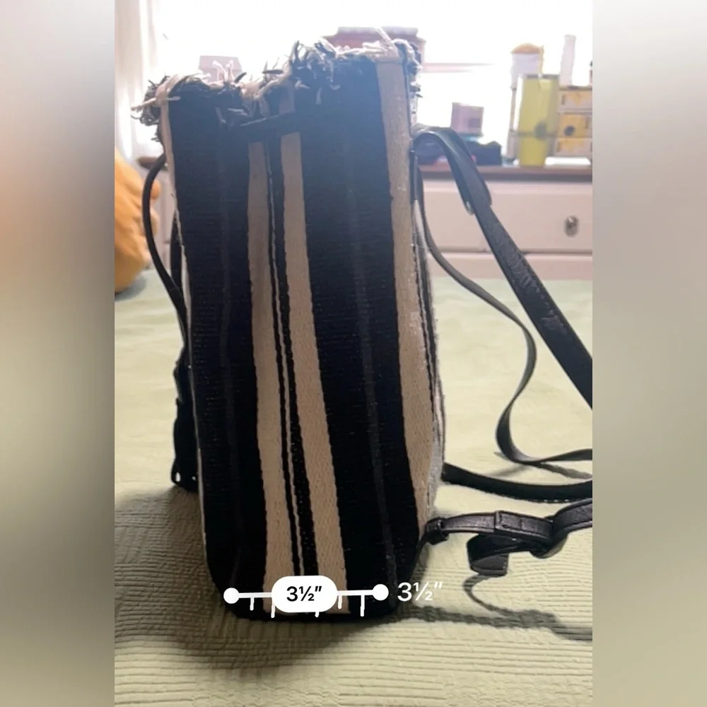 Lucky Brand Alzon Drawstring Clinched Fringed Backpack Blue, Black and Cream
